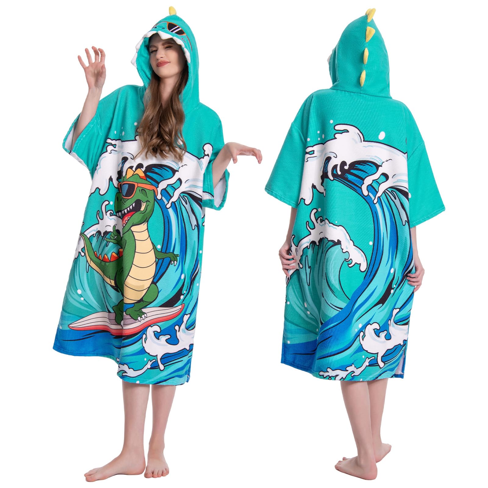 Photo 1 of OLAOLA Sea Wave Dinosaur Surf Poncho Changing Towel, Plus Size Swim Beach Quick Dry Robe Poncho with Pocket and Hooded, Soft Thick Terry Cloth Cover-Up for Women Men
