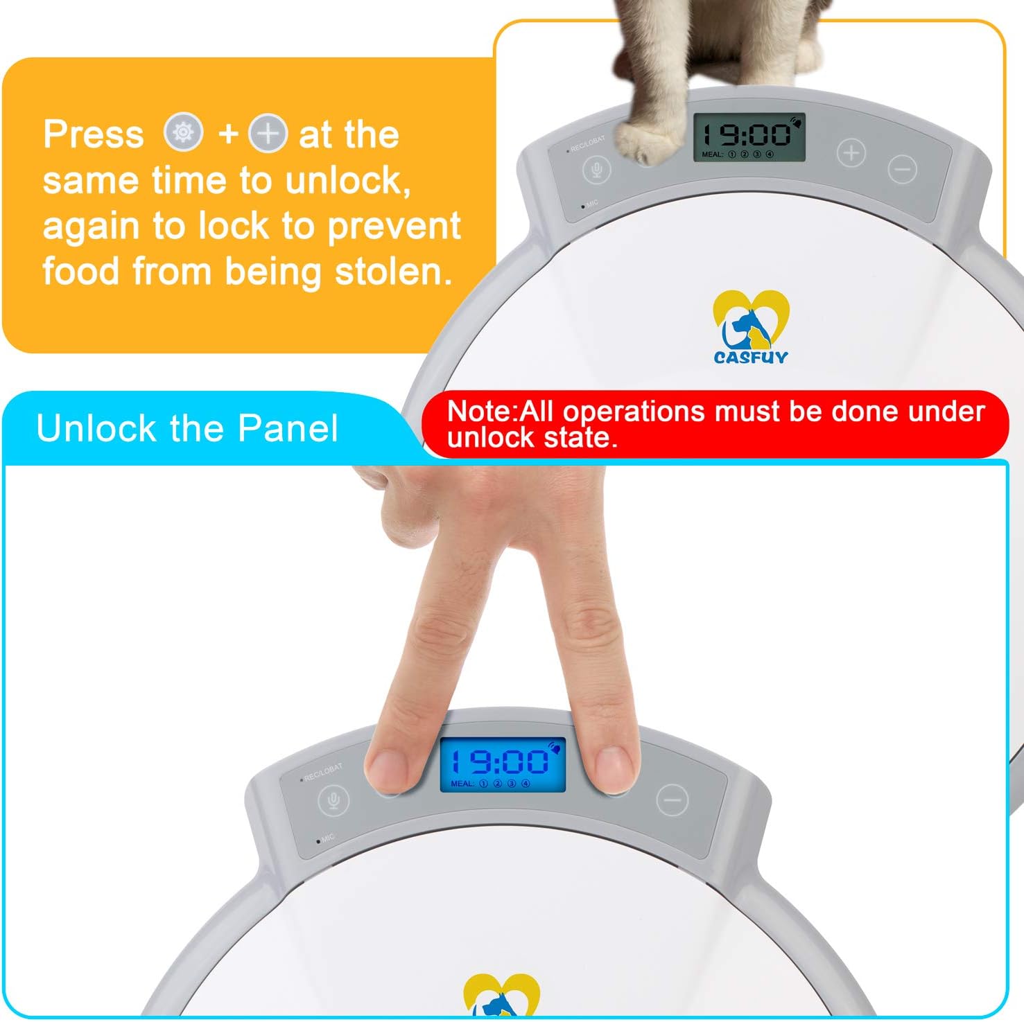 Pet Supplies : Casfuy 5-meals Automatic Cat Feeder - Auto Pet Feeder with Programmable Timer Dry and Wet Food Dispenser Voice Recorder & Speaker for Cat and Small Medium Dog Portion Control Dual Power Supply 5x240ml : 