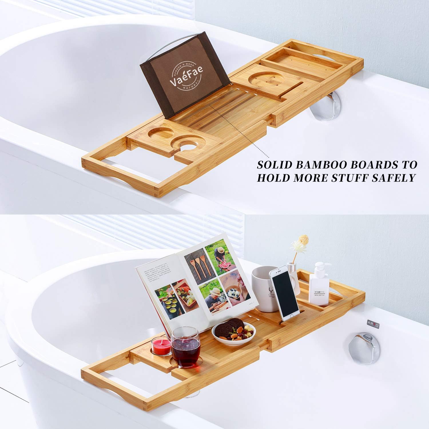 Bamboo Bathtub Caddy Tray, Expandable Bath Tray for Tub with Upgraded Wine Slots and Book Holder - Ideal for One or Two Person Use: Kitchen & Dining