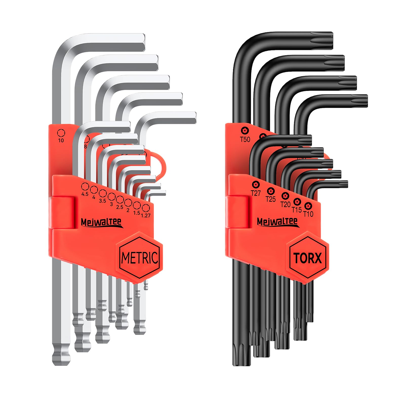 Meiwaltee 22 Piece Allen Key Set, Metric Long Arm Ball 1.27-10 MM & Torx Star T10 -T50 with Size-Marked & Storage Bracket for Bicycle, Appliance Repair,Furniture Assembly,Cr-V Steel