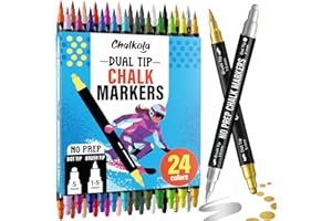 Chalkola Dual Tip Chalk Markers for Blackboard - (24 Colors, Dot + Brush Tip, No Pumping) | Erasable Liquid Chalk Markers for