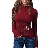 Pink Queen Women's Chic Top Long Sleeve Mock Neck Shirts Metal Ring Decor Ruched Slim Fit Tee