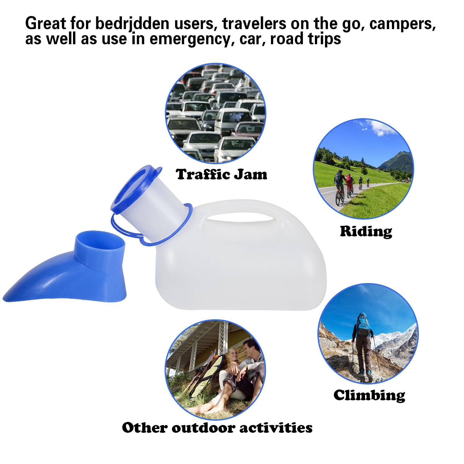 AWOKEN Unisex Urinal, Portable Toilet Urinal for Men and Women, Pee Bottle with a Sealed Lid and Funnel for Elderly Kids and Patients for Camping Outdoor Travel (Blue-1 Set of Urinal)