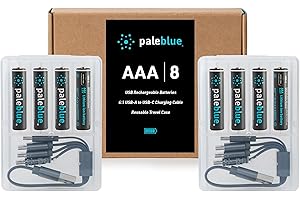 paleblue USB Rechargeable AAA Lithium Batteries, 1 Hour Charge Time, Recharge Over 1000 Times, 600 mAh, 4-in-1 USB-A to USB-C Charging Cable, 8 Pack
