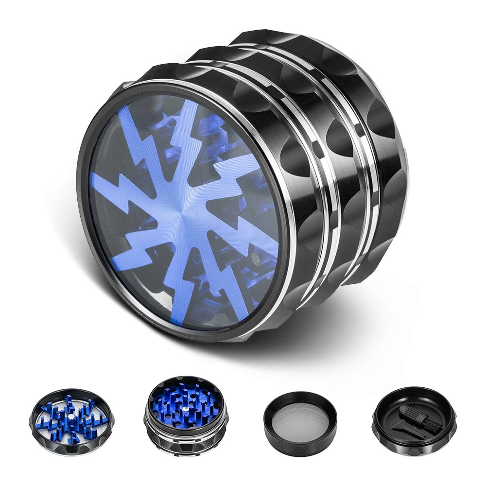 icxox Grinder Premium Aluminium Neues Design Tabak Grinder Crusher Kräuter Mühle für Pollen Kräuter Gewürze Herb , 4 Teile, Ø63mm (Blau)