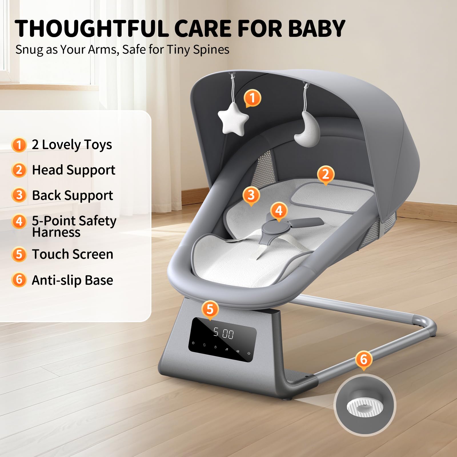 pudult Baby Swing, Electric Baby Rocker for Newborns with 3 Timer Functions, 5 Rocking Speeds, 11 Preset Lullabies and Bluetooth, 5-Point Harness, Suitable for Babies 0-6 Months, Up to 30 lbs