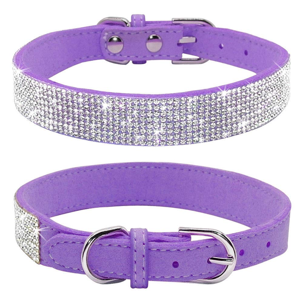 Haoyueer Rhinestone Dog Collar, Cute Dazzling Sparkling Soft Suede Leather Dog Cat Rhinestone Collar Crystal Diamond Pet Dog Puppy Collar (L, Purple)