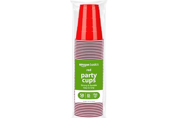 Amazon Basics Sturdy Disposable Plastic Party Cups for Cold Drinks, Red, 18oz, 50 Count, BPA-Free