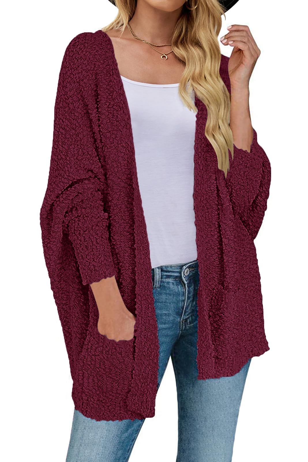 Photo 1 of MEROKEETY Women's 2025 Winter Fuzzy Popcorn Batwing Sleeve Cardigan Knit Oversized Sherpa Sweater Coat, Burgundy, L