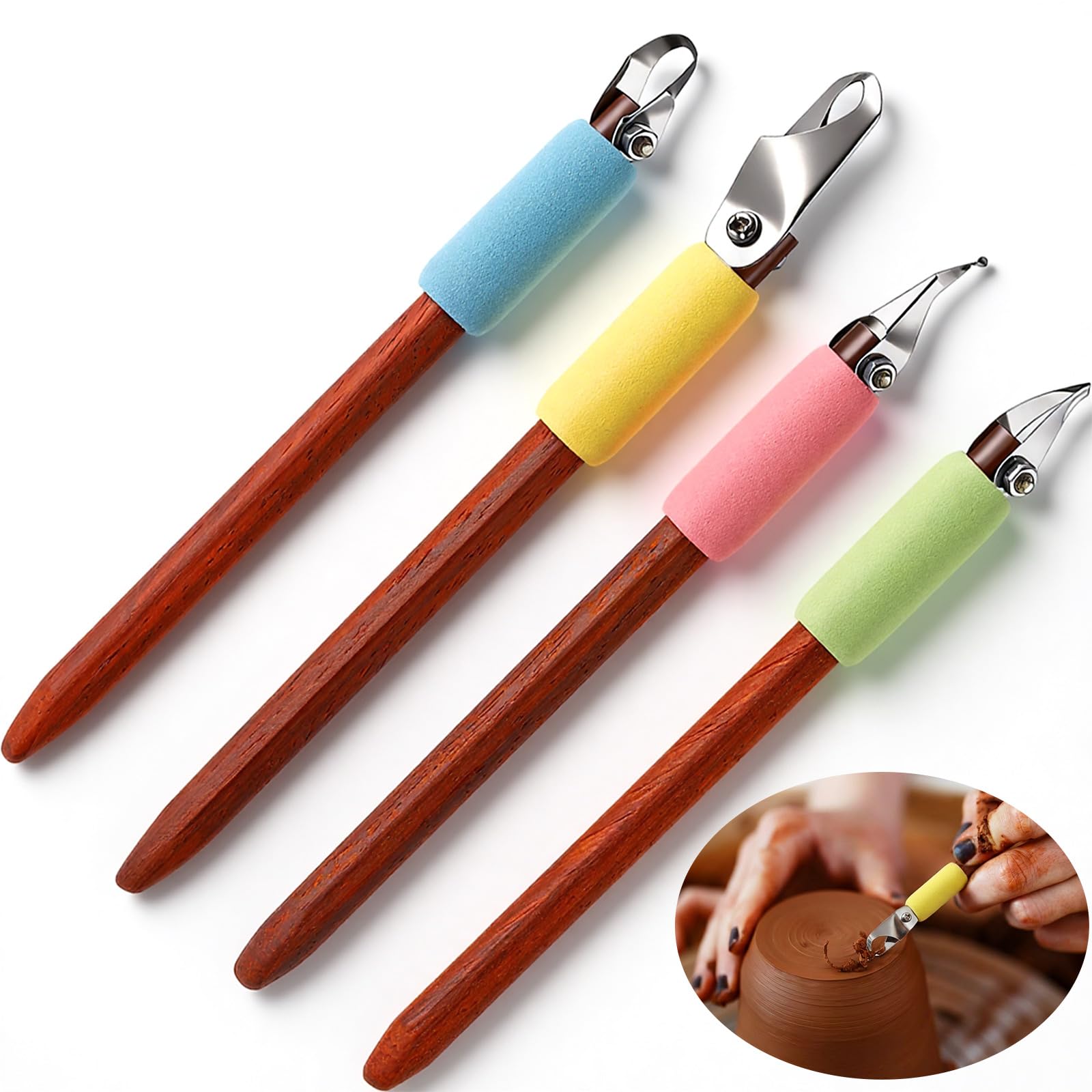 Photo 1 of Leriton 4 Pack Pottery Carving Tool Set 5.9inch Sculpture Carving Scraper Tool Pottery Modelling Shape for Tea Cup Mug Vase Leather Hard Clay Cutters with Wooden Handle for Ceramic Sculpture Craft