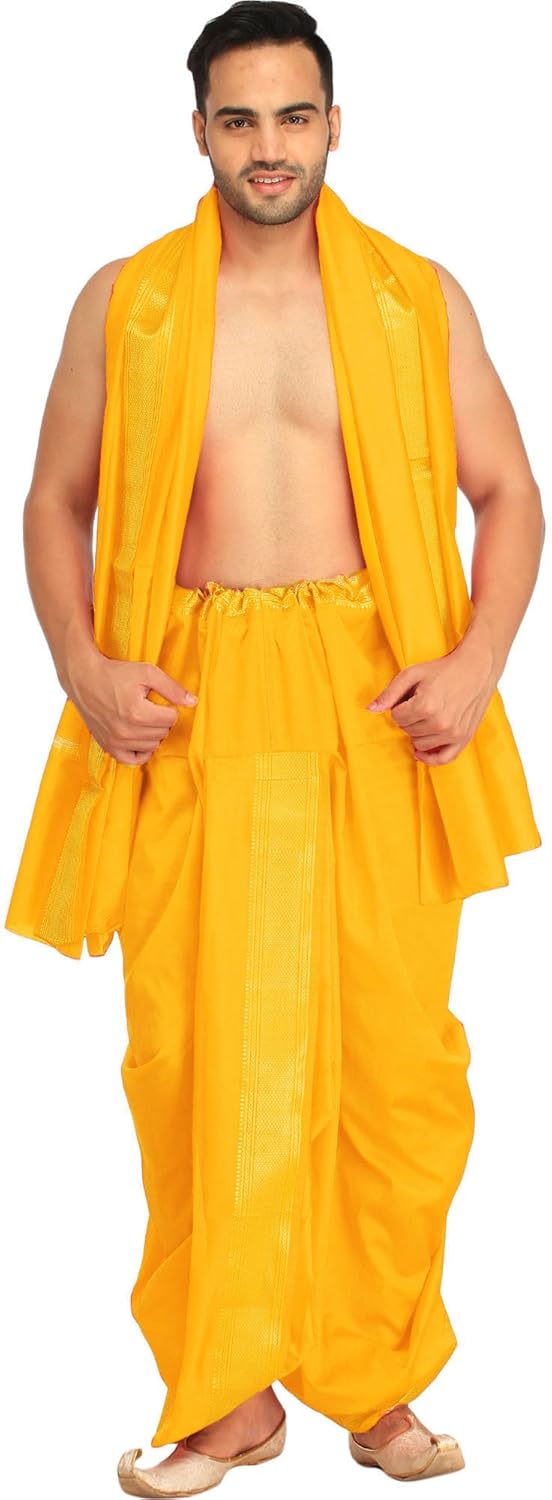 exotic india dhoti and angavastram set with wide golden border (ready to wear)