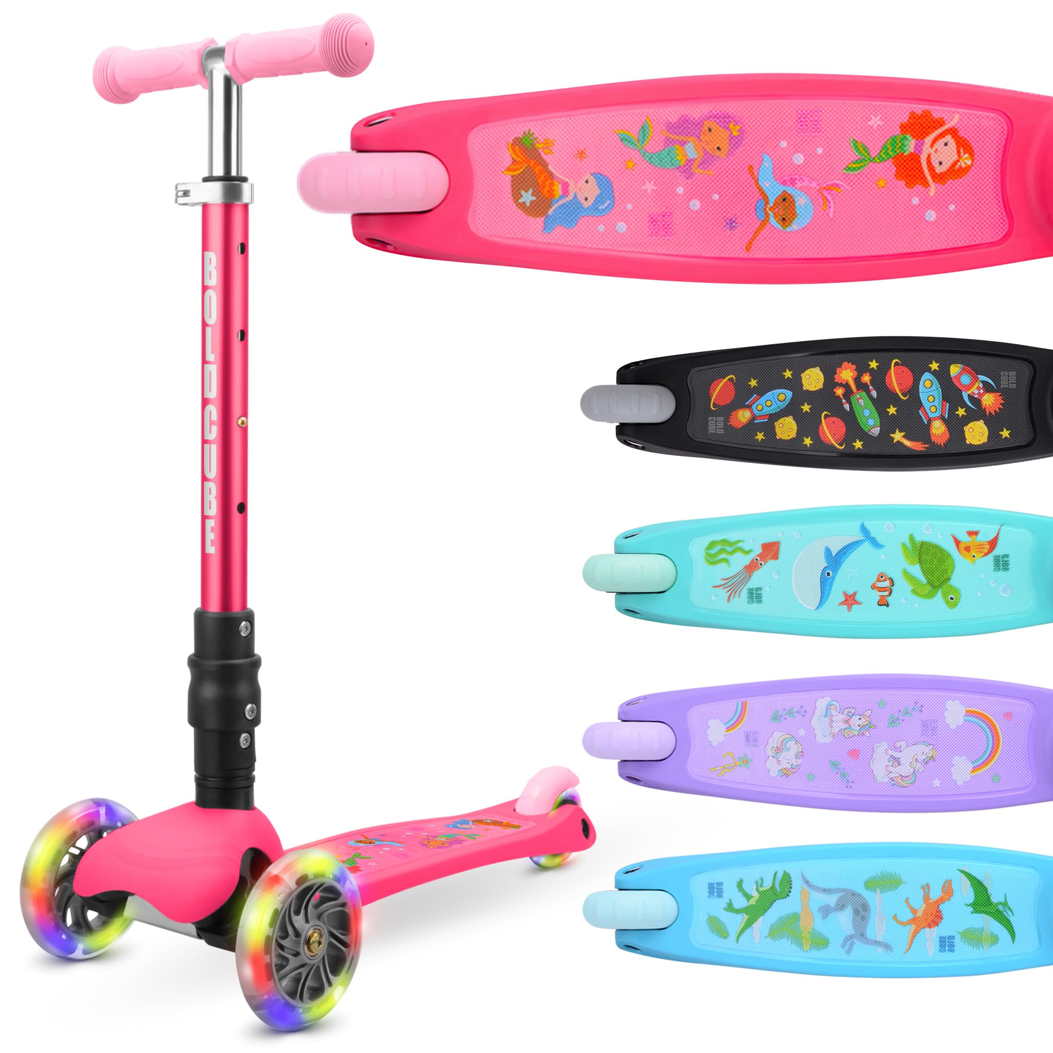 BOLDCUBE Teeny Fold Mermaid | Scooter for Boys and Girls Ages 3-8 Years | Foldable | Flashing Light Up Wheels | Height Adjustable 61 to 79 cm