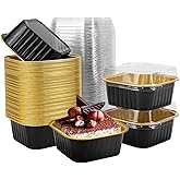50 Pcs Mini Square Baking Cups with Lids,10oz Aluminum Foil Mini Cake Pans with Lids,Disposable Ramekins Cake Pans,300ml Dessert Cups Cupcake Pans for Wedding Birthday Party,Blackgold