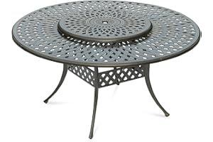 MEETWARM Outdoor 61" Round Patio Dining Table with Detachable Lazy Susan, All Weather Cast Aluminum Large Patio Furniture Table Fits for 6-8 Person with 2" Umbrella Hole, Smooth Spin, Dark Bronze