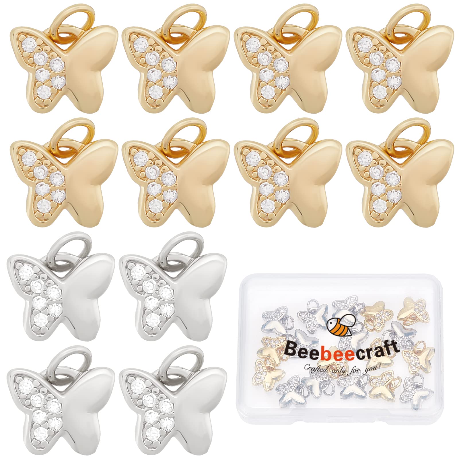 Beebeecraft 20Pcs 2 Colors Butterfly Charms Gold Plated Cubic Zirconia Animal Dangle Pendants with Jump Ring for DIY Jewelry Making
