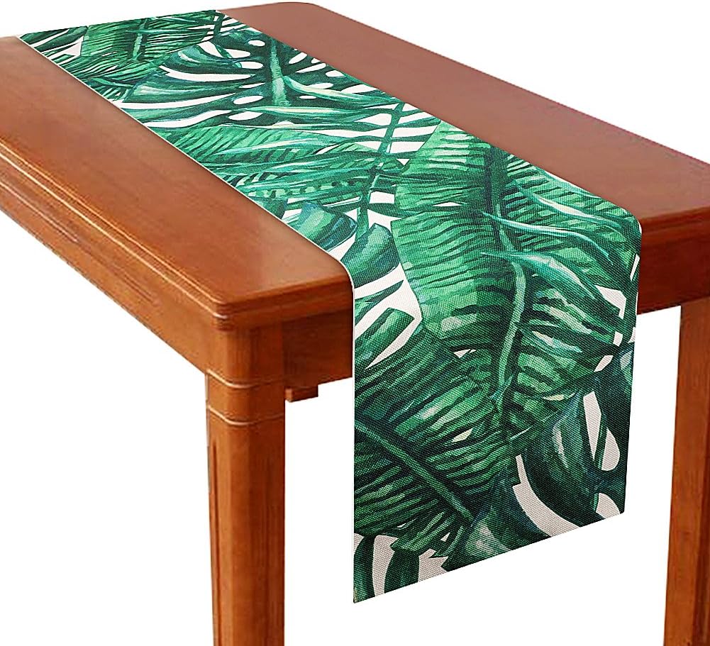 ELISE Cotton and Linen Table Runner, Palm Leaves Table Lines Table Decoration Perfect for Parties,Summer Events, Country Outdoor Weeding and Everyday Use by 12 x70 Inch