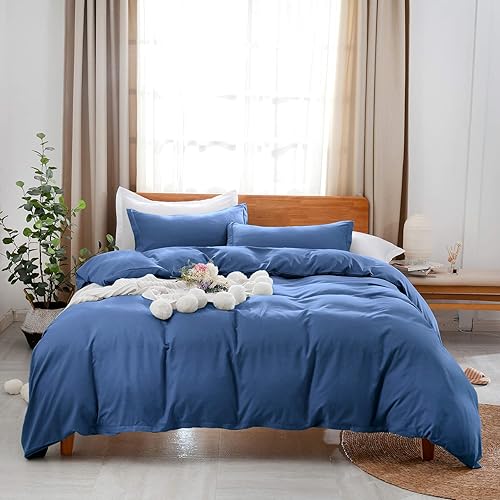 Uhsupris Blue Duvet Covers Full/Queen Size,3 Pieces Blue Bedding Set Queen,100% Washed Microfiber,Breathable& Ultra Soft with Zipper&Corner Ties (Blue, Full/Queen(90"×90"))