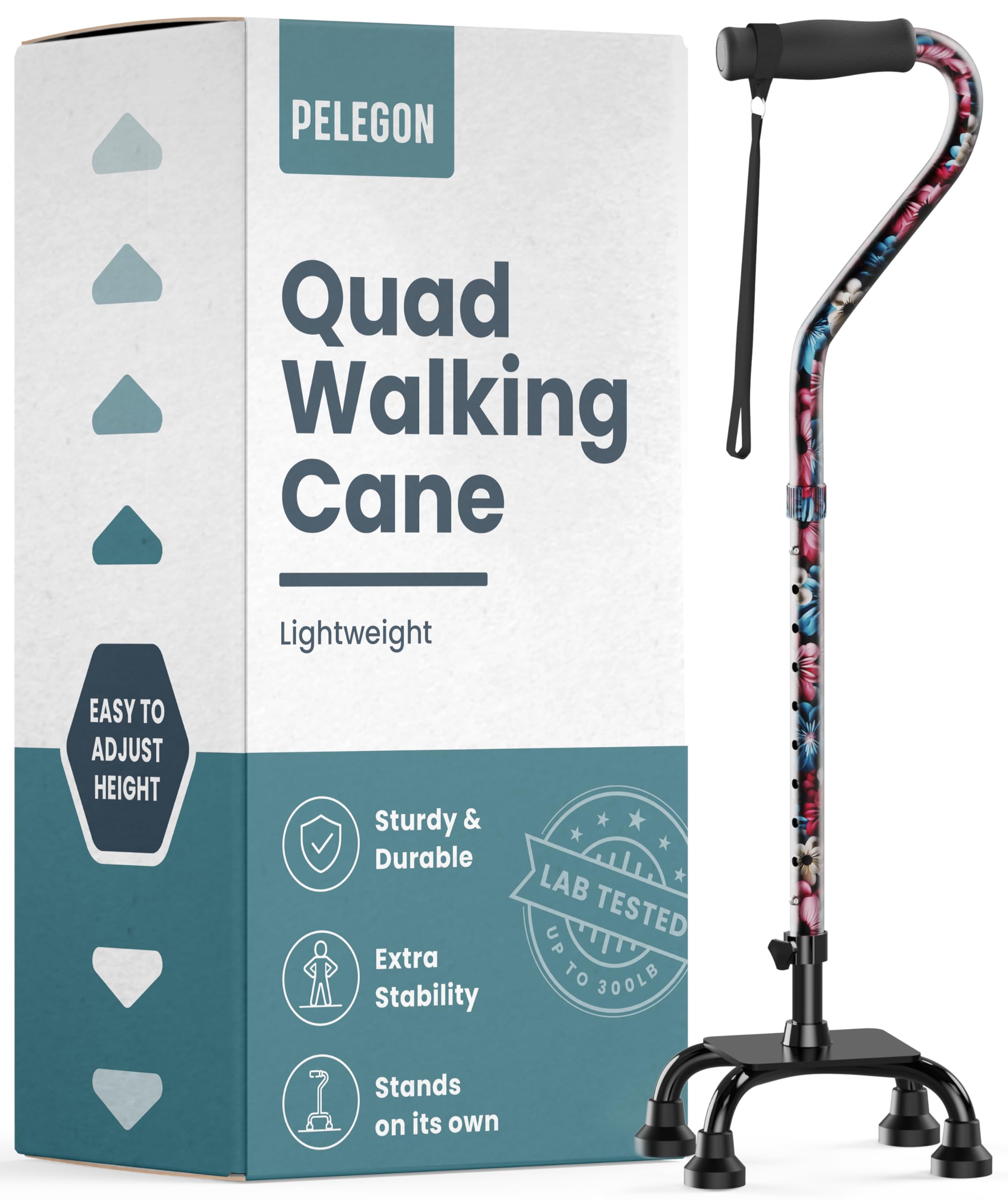Photo 1 of PELEGON Quad Cane (300 lb) - Adjustable Walking Cane with A Large 4 Pronged Base for Extra Balance & Stability, Walking Canes for Seniors, Walking Cane for Men & Women, Walking Sticks (Flowers)
