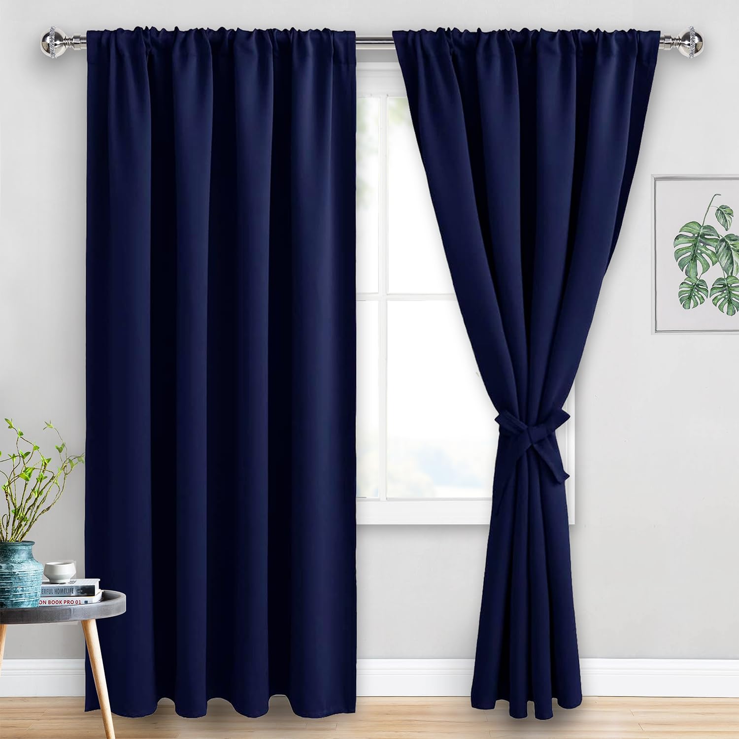 JIUZHEN Blackout Curtains for Bedroom - Thermal Insulated Room Darkening Rod Pocket Curtains for Living Room, Set of 2 Panels with Tiebacks, 70 x 96 Inch Length, Navy Blue Image