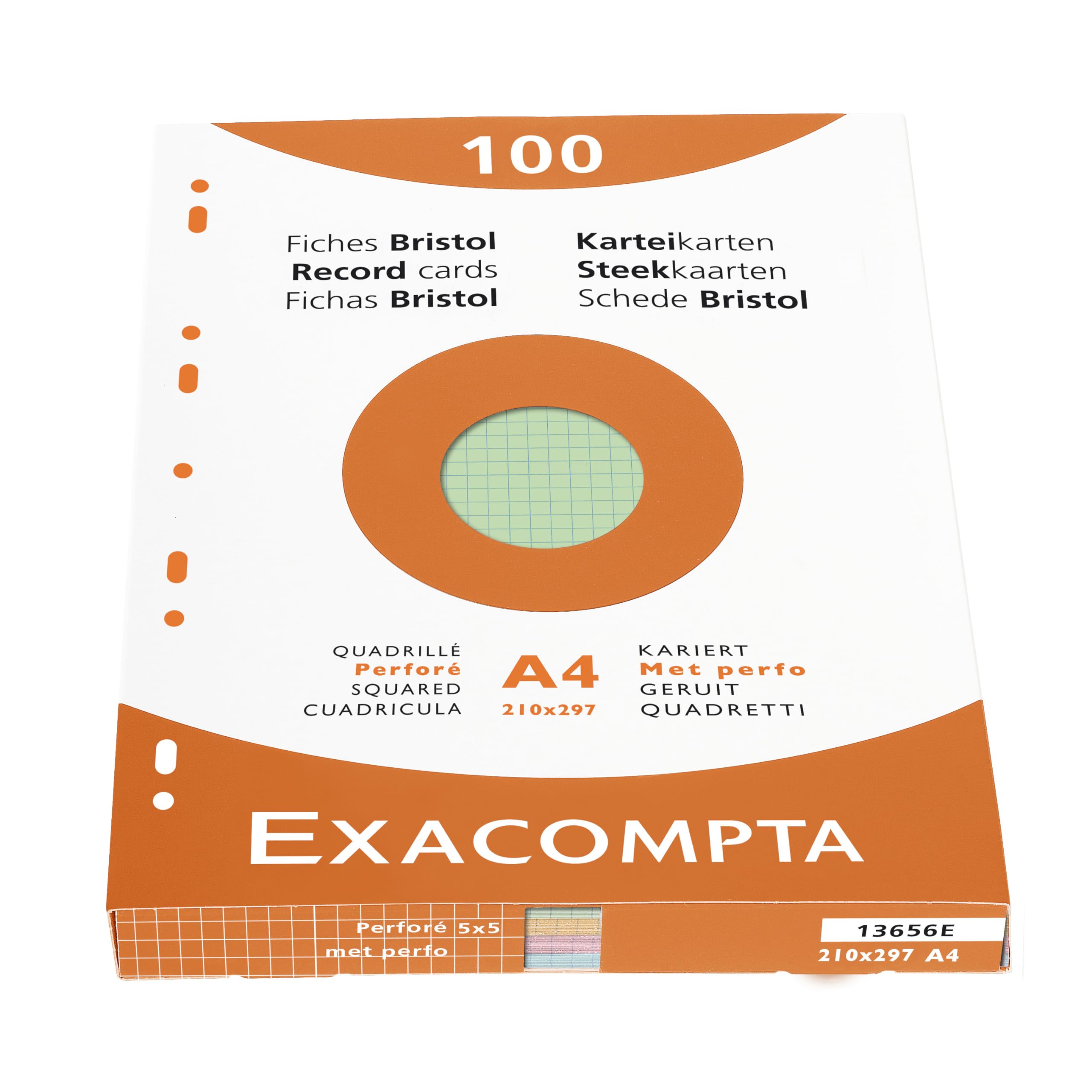 Exacompta - Ref 13656E - Bristol Squared & Punched Record Cards (Pack of 100) - A4 in Size, 205gsm Card, Compatible with Printers - Suitable for Exam Revision & Notes - Assorted Colours
