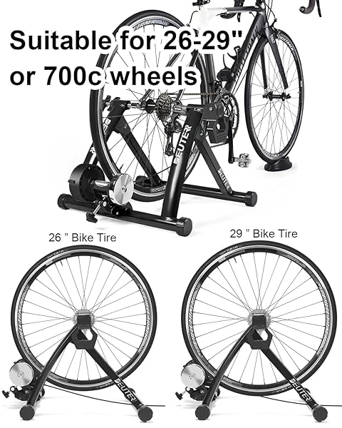 BIKE TRAINER, MAGNETIC BICYCLE STATIONARY STAND FOR INDOOR EXERCISE RIDING, 26-29″ & 700C WHEELS, QUICK RELEASE SKEWER & FRONT WHEEL RISER BLOCK INCLUDED