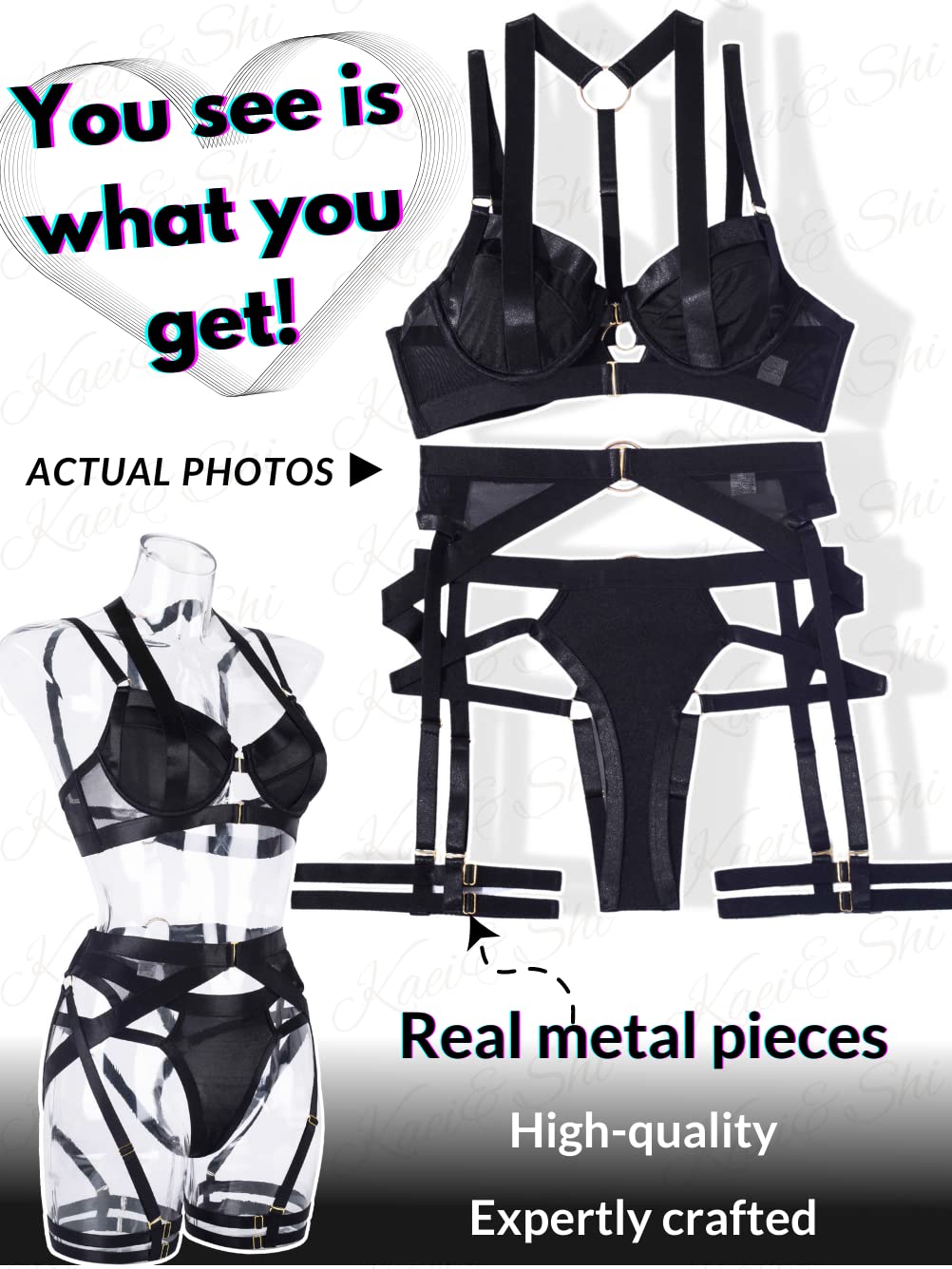 Kaei&Shi Strappy Harness, All Adjustable, Underwire Racerback, 4pc Garter Set