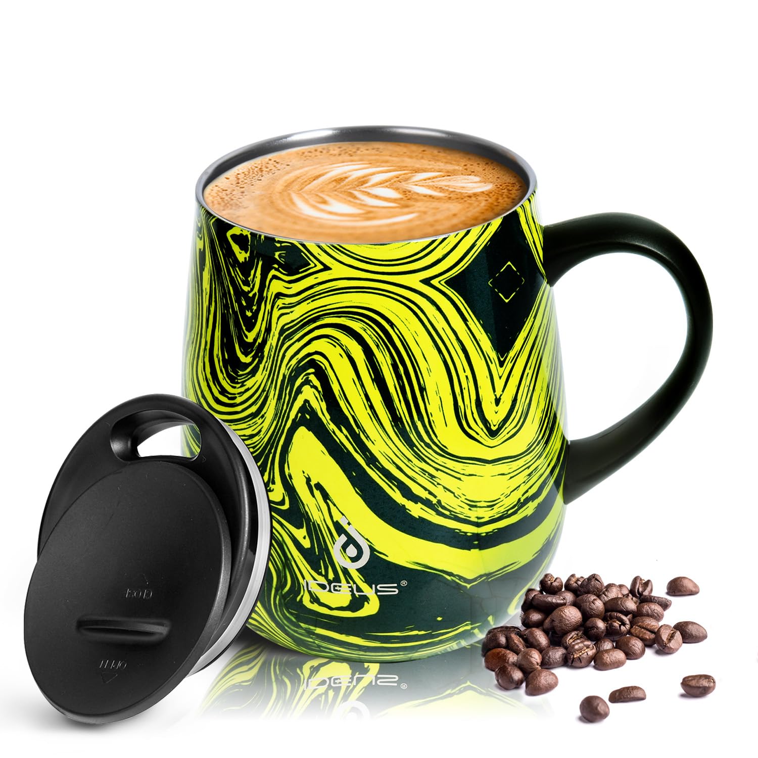 Ideus 16 oz Insulated Coffee Mug with Handle and Lid, Double Wall Stainless Steel Vacuum Insulated Tumbler Cup, Travel Coffee Cup Thermal Cup for Home Office (Yellow Zebra)