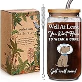 Get Well Soon Christmas Gifts for Women After Surgery - Well At Least You Don’t Have to Wear A Cone, Men Recovery Gifts from Friends Feel Better Get Wells 16 oz Glass Cup with Lids and Straws