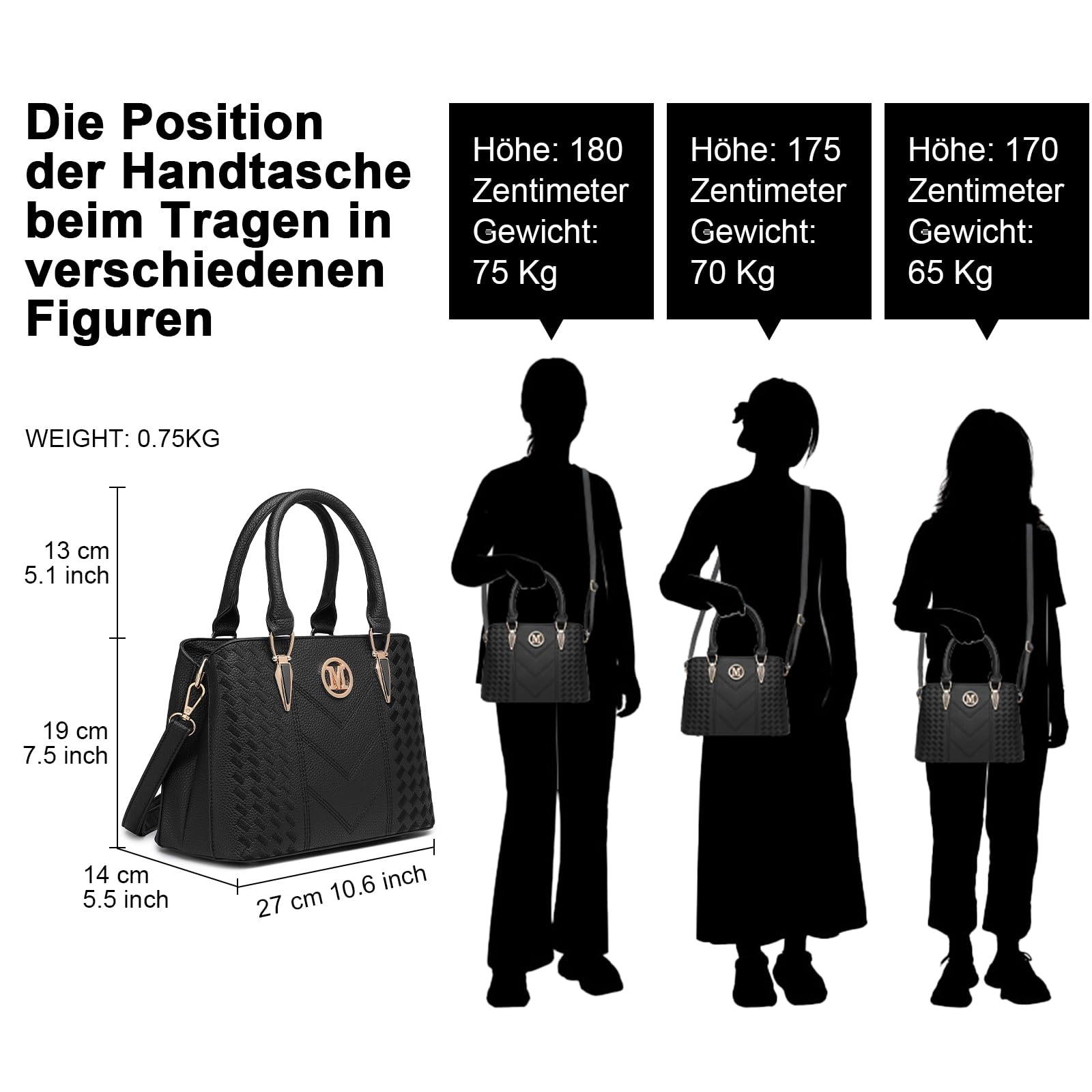 Miss Lulu Women's Medium Classic Handbag Shoulder Bag with Lychee Pattern Multiple Inner Pockets Shoulder Bag Work Leisure Everyday Bag