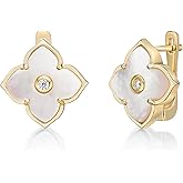 Gold Plated 925 Sterling Silver Flower Stud Earrings for Women - Mother of Pearl, Black Onyx or Malachite with Cubic Zirconia Earrings for Her - 16 mm CZ Studs - Hinge Post Back by Lavari Jewelers