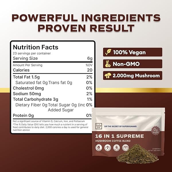 FULLY JOE MUSHROOM INSTANT COFFEE WITH 16 SUPERFOOD MUSHROOMS, INCLUDES LION’S MANE, REISHI, CHAGA, CORDYCEPS MIXED WITH GOURMET ARABICA INSTANT IMMUNE BOOSTING COFFEE FOR FOCUS & GUT HEALTH