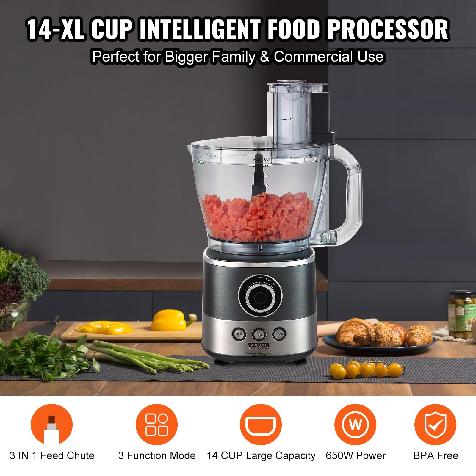 VEVOR Food Processor, 14 Cup Electric Vegetable Chopper with 3 AutoiQ