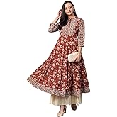 Yash Gallery Women's Floral Printed Yoke Design Pure Cotton 3/4 Sleeve Indian Anarkali Kurta For Summer