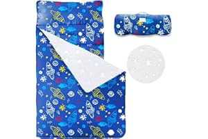 Haleeone Toddler Nap Mat with Removable Pillow and Blanket, Cot Nap Mats for Daycare Preschool Kindergarten, Roll Up Lightweight Portable Travel Sleeping Bag, Blue Space