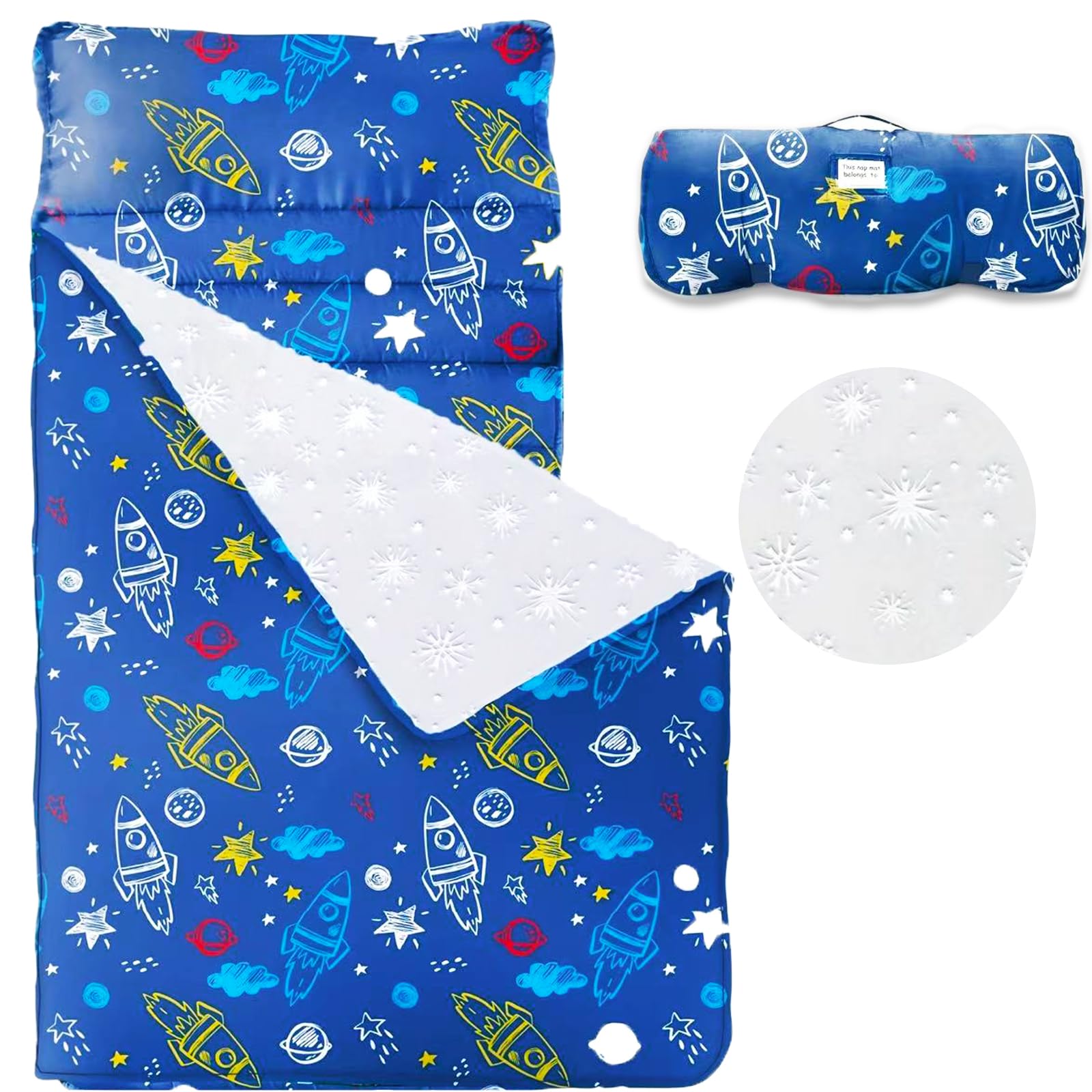 Photo 1 of Haleeone Toddler Nap Mat with Removable Pillow and Blanket, Cot Nap Mats for Daycare Preschool Kindergarten, Roll Up Lightweight Portable Travel Sleeping Bag, Blue Space