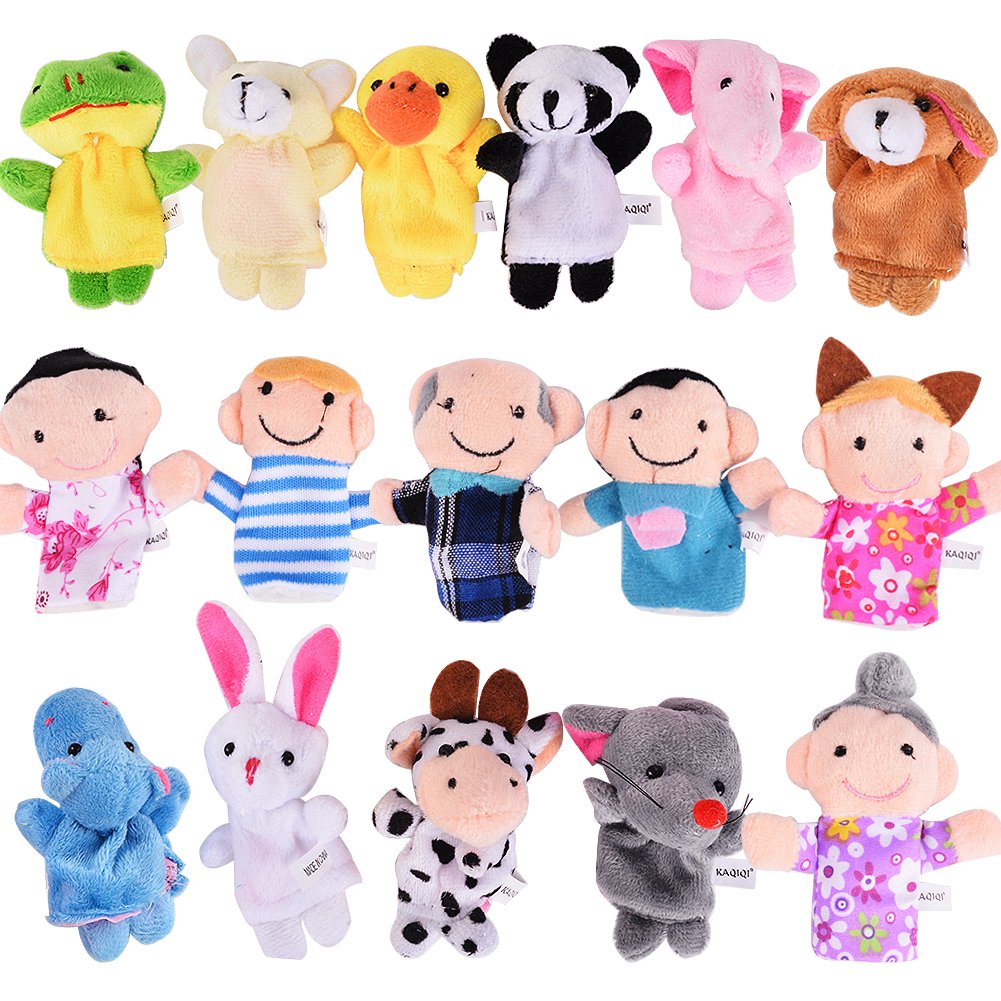 ThinkMax 16 Pack Soft Plush Finger Puppets Set - MANSA 10 Animals + 6 People Family Members Velvet Cute Toys for Children, Story Time, Shows, Playtime, Schools