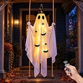Halloween Swinging Ghost Outdoor Decorations,Hanging Ghost On A Swing | 5FT Hanging Ghost with Witch Hat,Timer Remote,5&ndash;8.53FT Adjustable Swing Rope,Metal Swing Board for Tree Yard Porch Decor