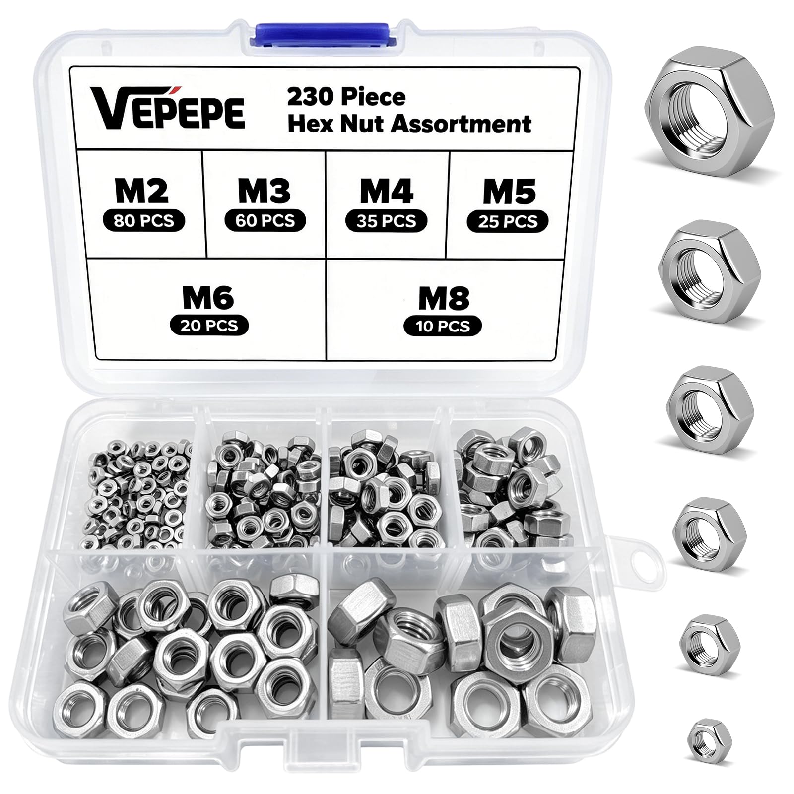 VEPEPE 230 Pcs Metric Hex Full Nut Set, Stainless Steel M2 M3 M4 M5 M6 M8 Hexagonal Nuts, Quality Assorted for Screw Bolt, Coarse Thread Lock Nuts for Fastening