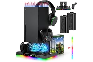 AUARTE LED Cooling Stand and Charging Station for Xbox Series X Console ＆ Controller, Cooling Fan Station for Xbox Series X Accessories with 2X 1400mAh Rechargeable Controller Battery Pack, 15 Light Modes