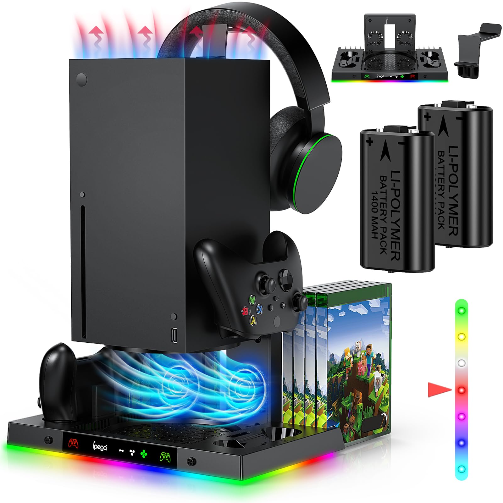 LED Cooling Stand and Charging Station for Xbox Series X Console ＆ Controller, Cooling Fan Station for Xbox Series X Accessories with 2X 1400mAh Rechargeable Controller Battery Pack, 15 Light Modes