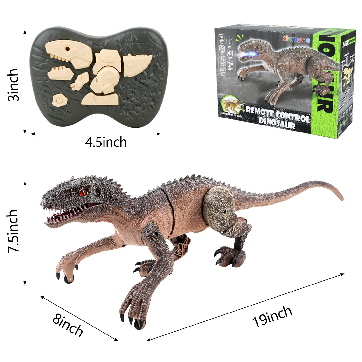 Kizmyee Dinosaurier Spielzeug，Dinosaurier Ferngesteuert für Kinder Realistisches Velociraptor mit Gehen，Brüllen，Leuchtenden Augen und Kopfschütteln Kleinkinder Jungen Mädchen Geschenkfür 3