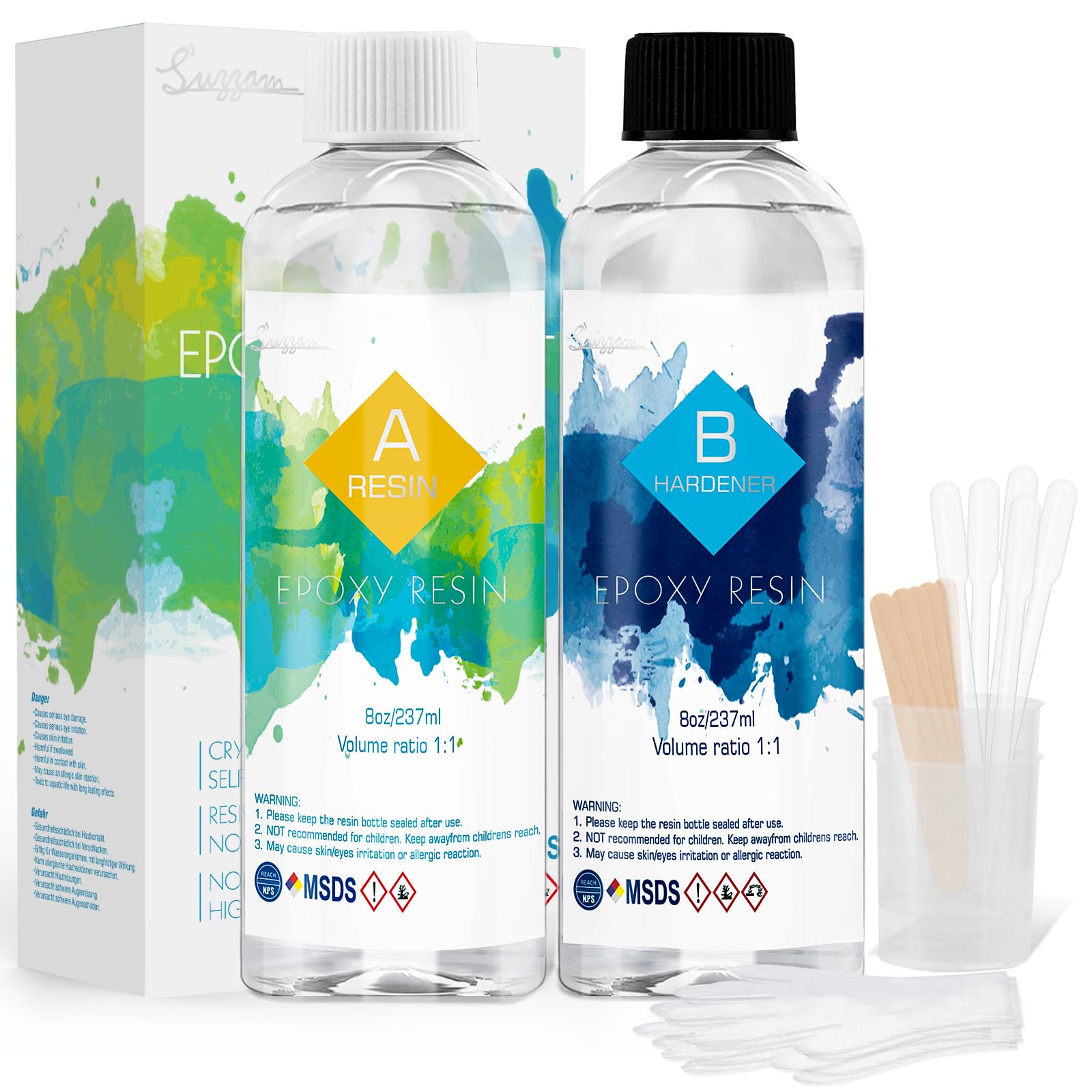 Crystal Clear Epoxy Resin Kit 16oz (474ml) - 1:1 Ratio, Bubble-Free & Self-Leveling Resin for Jewelry, Coating, Crafts - Includes Gloves, Mixing Cups, Wooden Sticks