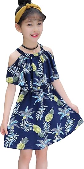 Amazon Debangni シフォン 花柄 ワンピース 夏 ガールズ 子供ドレス キッズドレス 半袖 肩出し オープンショルダー かわいい フリル ファッション 女の子 ビーチ リゾート トラベルネイビー140 ワンピース チュニック 通販