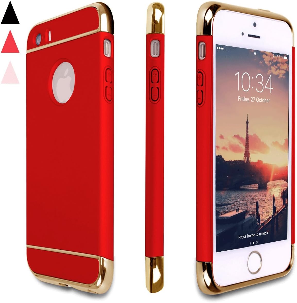 iPhone 5 Case,iPhone 5S Case, iPhone SE Case, HonKzi 3 in 1 Ultra Thin and Slim Hard Plastic Back Cover with Electroplate Metal Texture Bumper for Apple iPhone 5/5S/SE -Red