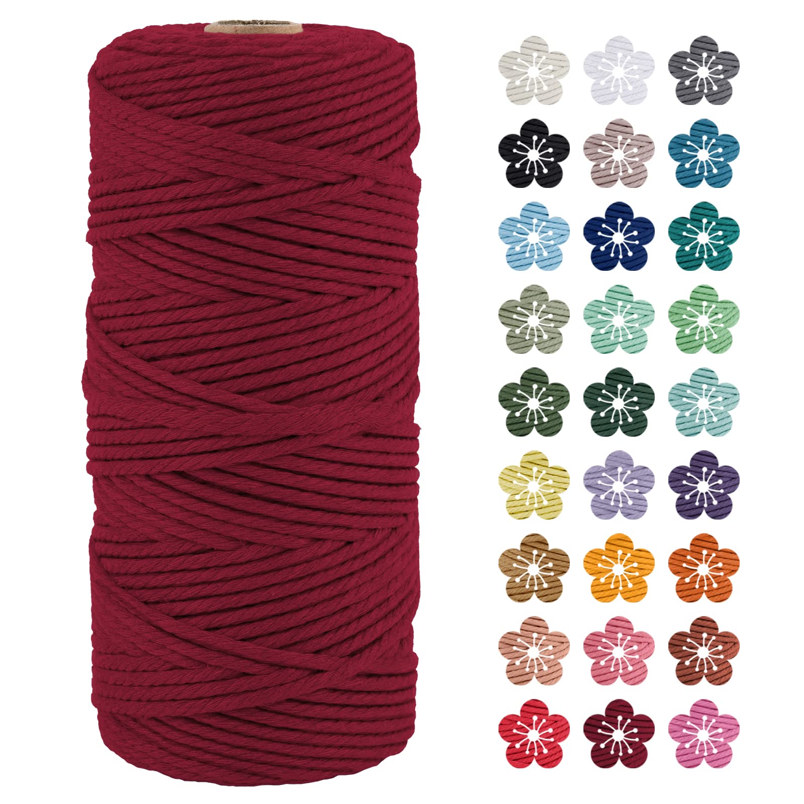 LEREATI Macrame Cord 3mm x 100m, Thick Macrame Rope Natural Cotton Rope Craft String, 4 Strand Twisted Cotton Cord Yarn for DIY Plant Hanger, Wall Hanging, Christmas Decoration (Wine red)