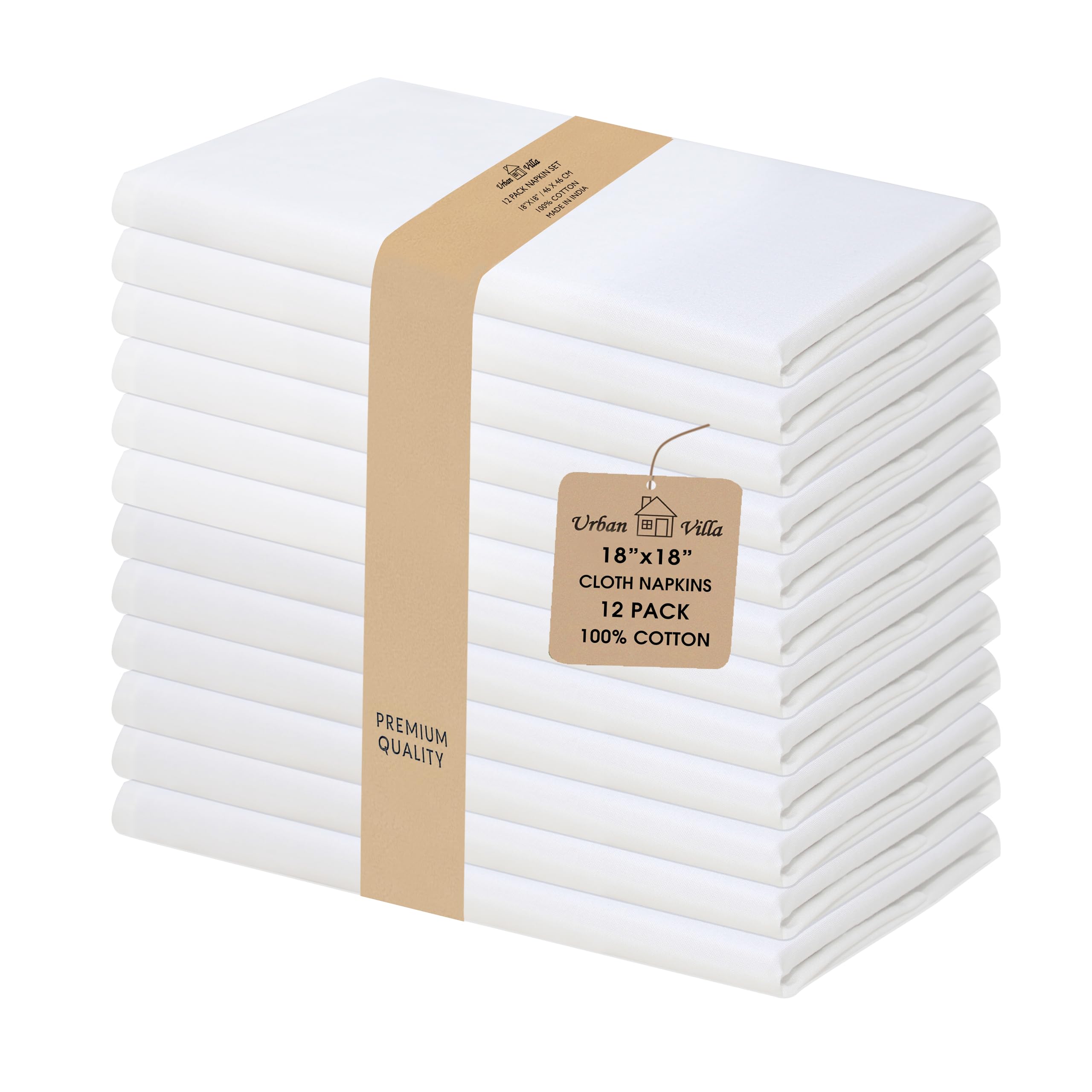 Urban Villa White Napkins 46x46 CMS Casement Weave Premium Quality Dinner Napkins 100% Cotton Set of 12 Cloth Napkins with Mitered Corners, Durable Hotel Quality, Pre-washed.