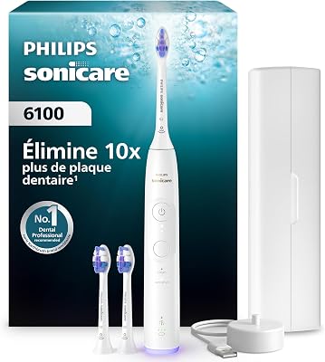 Sonicare 6100 - Brosse à dents électrique sonique avec 2 modes de brossage, 3 niveaux d'intensité, Alerte de pression, EasyStart, Coffret de voyage, Blanc, HX7400/02 [Nouvelle technologie]