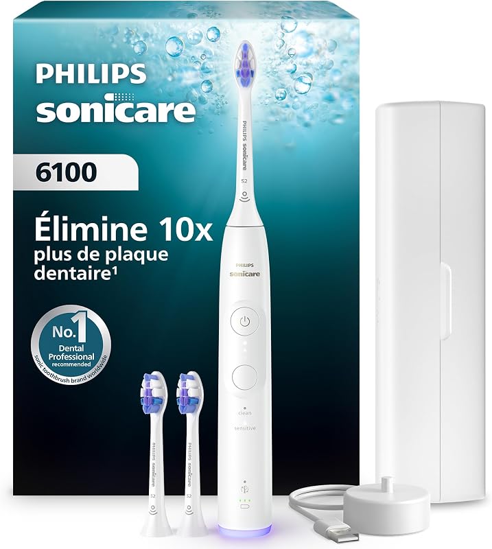Sonicare 6100 - Brosse à dents électrique sonique avec 2 modes de brossage, 3 niveaux d'intensité, Alerte de pression, EasyStart, Coffret de voyage, Blanc, HX7400/02 [Nouvelle technologie]