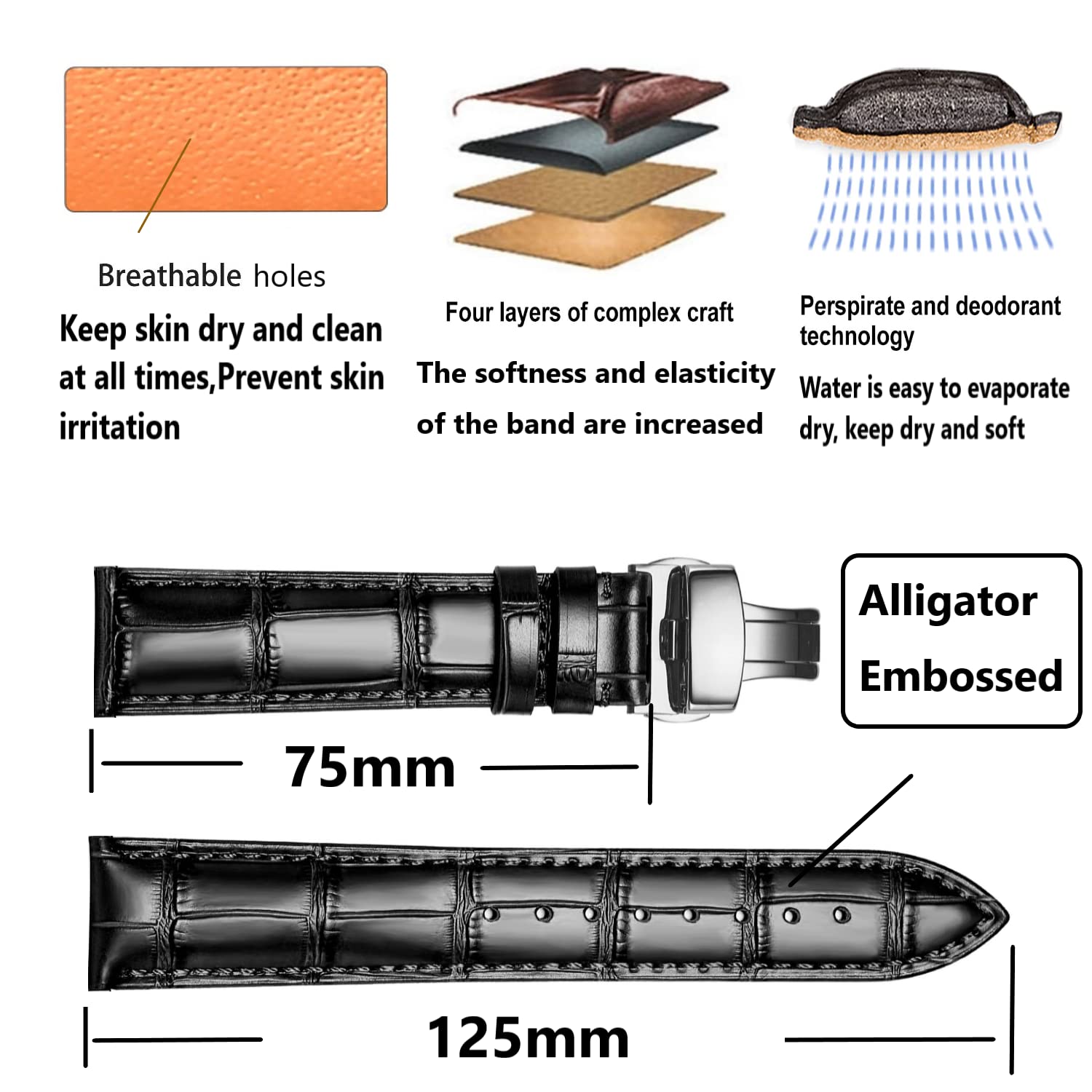 Moran Genuine Leather Band Alligator and Cowhide Replacement Deployment Buckle Watch strap18mm to 24mm Crocodile Leather Strap for Men's and Women's