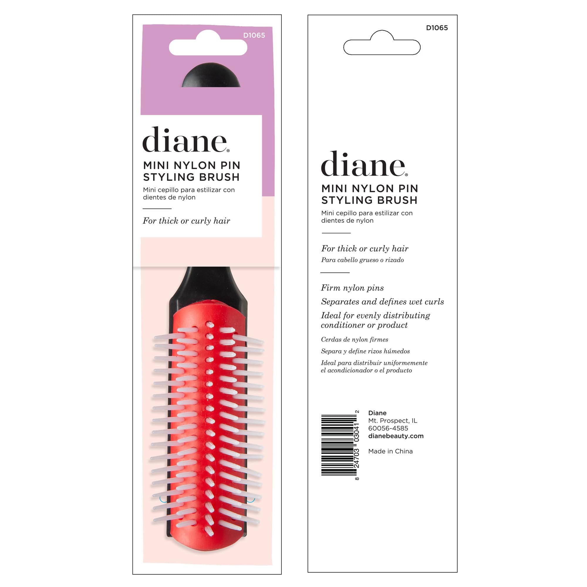 Diane Pro Mini Nylon Pin Styling Hair Brush for Detangling, Separating, Shaping and Defining Wet Thick or Curly Hair, Glides Through Tangles with Ease, Travel Size